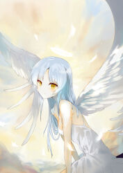 Rule 34 | 1girl, angel, angel beats!, angel wings, breasts, closed mouth, commentary request, cowboy shot, dress, expressionless, eyelashes, falling feathers, feathered wings, feathers, from side, hair over shoulder, highres, hinata (hinata-ur), long hair, looking at viewer, parted bangs, sidelocks, sitting, sky, small breasts, solo, straight hair, sundress, tenshi (angel beats!), white dress, white feathers, white hair, white wings, wings, yellow eyes, yellow sky
