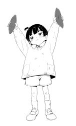 Rule 34 | 1girl, :t, arms up, blush, child, female focus, food, full body, hair bobbles, hair ornament, highres, holding, holding food, monochrome, one side up, original, pout, satsuyo, shoes, short eyebrows, shorts, solo, standing, sweet potato