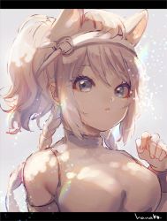 Rule 34 | 1girl, animal ears, bare shoulders, blonde hair, braid, breasts, character request, copyright request, detached sleeves, extra ears, grey eyes, hairband, hanako151, hand up, large breasts, letterboxed, light particles, long hair, looking at viewer, parted lips, ponytail, shirt, signature, sleeveless, sleeveless shirt, solo, twin braids, upper body, white shirt