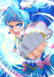 Rule 34 | 1girl, absurdres, blue cape, blue dress, blue eyes, blue hair, bow, brooch, cape, commentary, cure sky, cut bangs, day, detached sleeves, dress, dress bow, earclip, earrings, fingerless gloves, foreshortening, frown, fujisaki star, gloves, highres, hirogaru sky! precure, jewelry, long hair, looking at viewer, magical girl, multicolored hair, open mouth, outdoors, pink hair, precure, puffy detached sleeves, puffy sleeves, punching, single earring, single sidelock, solo, sora harewataru, streaked hair, twintails, two-tone dress, very long hair, white dress, white gloves, wing brooch, wing hair ornament