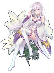 Rule 34 | 10s, 1girl, a.t. zero, animal, animal on shoulder, bad id, bad twitter id, boots, breasts, cat, cat on shoulder, cleavage, detached sleeves, emilia (re:zero), flower, full body, hair flower, hair ornament, haru ato, highres, invisible chair, long hair, low-tied long hair, medium breasts, miniskirt, pleated skirt, pointy ears, puck (re:zero), purple eyes, re:zero kara hajimeru isekai seikatsu, silver hair, simple background, sitting, skirt, solo, thigh boots, thighhighs, white background, white flower, white footwear, white skirt, white thighhighs, zettai ryouiki