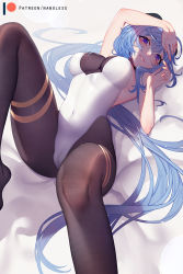 Rule 34 | 1girl, black pantyhose, blue hair, blush, breasts, closed mouth, covered erect nipples, ganyu (genshin impact), genshin impact, goat horns, horns, large breasts, long hair, looking at viewer, lying, nanoless, on back, one-piece swimsuit, pantyhose, pantyhose under swimsuit, patreon username, purple eyes, smile, solo, swimsuit, very long hair