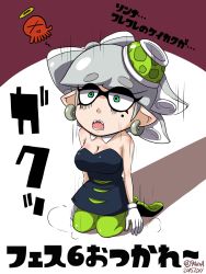 Rule 34 | &gt; &lt;, 1girl, arms at sides, black dress, breasts, callie (splatoon), cleavage, closed eyes, detached collar, dress, earrings, fangs, full body, giving up the ghost, gloves, green eyes, green pantyhose, halo, highres, inkling, jewelry, kneeling, marie (splatoon), medium breasts, mole, mole under eye, motion lines, nintendo, pantyhose, pointy ears, solo, splatoon (series), splatoon 1, strapless, strapless dress, translation request, usa (dai9c carnival), white gloves, white hair