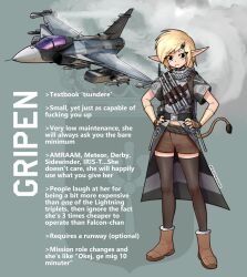 Rule 34 | 1girl, absurdres, aircraft, airplane, ammunition belt, black thighhighs, blonde hair, brown footwear, brown gloves, brown shorts, canards, english text, fighter jet, fingerless gloves, full body, gloves, highres, jet, midriff, military vehicle, missile, original, pandramodo, pointy ears, saab gripen, short sleeves, shorts, smoke, solo, standing, thighhighs, yellow eyes