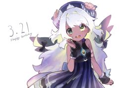 Rule 34 | 1girl, absurdres, amaryllis gumi, black dress, black wings, blonde hair, blue headwear, blush, commentary request, cowboy shot, curled horns, dark skin, dated, dress, flower, grey eyes, hand up, happy, happy birthday, hat, hat flower, heterochromia, highres, horizontal pupils, horns, long hair, looking at viewer, multicolored hair, open mouth, pink flower, pink rose, rose, round teeth, simple background, sleeveless, smile, standing, tama (tama-s), teeth, very long hair, virtual youtuber, white background, white hair, wings, wrist cuffs, yellow eyes, yotsutsuji mayoi