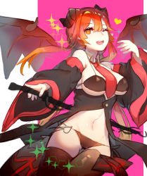 Rule 34 | 1girl, ;d, allos, between breasts, bikini, black bikini, black thighhighs, breasts, demon girl, demon wings, detached collar, detached sleeves, highres, large breasts, navel, necktie, necktie between breasts, one eye closed, open mouth, original, red eyes, red hair, reverse grip, smile, solo, sparkle, swimsuit, thigh gap, thighhighs, underboob, wings