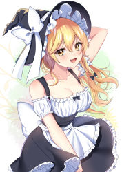 Rule 34 | :d, apron, arm behind head, bad id, bad pixiv id, black bow, blonde hair, bow, braid, breasts, cleavage, collarbone, detached sleeves, dress, fang, frilled dress, frills, hair between eyes, hat, highres, kirisame marisa, large breasts, long hair, looking at viewer, maid, open mouth, puffy sleeves, shinonome asu, smile, solo, tongue, touhou, white bow, witch hat, yellow eyes