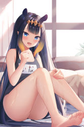 Rule 34 | 1girl, absurdres, bare shoulders, bed, blue eyes, blue one-piece swimsuit, blush, fang, hand on own leg, headpiece, highres, hiragana, hololive, hololive english, long hair, looking at viewer, milk box (leoleo963852741), multicolored hair, ninomae ina&#039;nis, on bed, one-piece swimsuit, open mouth, orange hair, pillow, pointy ears, purple hair, school swimsuit, sitting, swimsuit, tentacle hair, thighs, toes, two-tone hair, very long hair, virtual youtuber, wet, window
