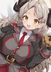 Rule 34 | 1girl, ahoge, bed sheet, black gloves, blue archive, blush, breasts, burger, chocolate, drooling, food, food on face, gloves, grey hair, hair ornament, hair ribbon, hairclip, halo, holding, holding food, horns, inuyayo, izumi (blue archive), jacket, large breasts, long hair, long sleeves, looking at viewer, low twintails, lying, mouth drool, necktie, on back, red necktie, red ribbon, ribbon, solo, twintails, upper body, yellow eyes