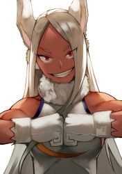 Rule 34 | 10s, 1girl, animal ears, bare arms, boku no hero academia, breasts, clenched hand, dark-skinned female, dark skin, excited, facing viewer, gloves, grin, happy, heattech leotard, highres, leotard, long hair, looking at viewer, mirko, muscular, muscular female, own hands together, parted bangs, parted lips, pointy ears, rabbit ears, rabbit girl, red eyes, simple background, sleeveless, smile, solo, superhero costume, teeth, turtleneck, upper body, white background, white gloves, white hair, yoshio (55level)