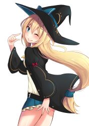 Rule 34 | 1girl, aizawa azusa, blonde hair, blue eyes, braid, french braid, hair between eyes, hair ornament, hat, highres, long hair, long sleeves, mistynight, one eye closed, puffy sleeves, simple background, slime taoshite 300 nen shiranai uchi ni level max ni nattemashita, smile, solo, standing, white background, wink, witch, witch hat