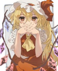 Rule 34 | 1girl, absurdres, ascot, blonde hair, blurry, blush, commentary request, covered mouth, crystal, depth of field, eyebrows hidden by hair, flandre scarlet, hair between eyes, hat, highres, looking at viewer, mob cap, one side up, otobiki, own hands clasped, own hands together, red eyes, solo, touhou, white hat, wings, yellow ascot