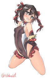 Rule 34 | 1girl, alternate costume, arms behind back, blush, breasts, brown eyes, brown gloves, brown hair, brown leotard, cameltoe, cosplay, covered erect nipples, covered navel, cowboy shot, cropped legs, ebifurya, elbow gloves, gloves, hair between eyes, hair ribbon, highres, kantai collection, leotard, long hair, looking at viewer, mizuki yukikaze, mizuki yukikaze (cosplay), open mouth, red ribbon, ribbon, sendai (kancolle), simple background, sleeveless, small breasts, solo, taimanin (series), taimanin suit, taimanin yukikaze, tears, twintails, twitter username, white background