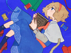 Rule 34 | 1girl, alice margatroid, blonde hair, blue background, blue dress, blue eyes, blue ribbon, blue socks, book, capelet, closed mouth, commentary request, dot mouth, dress, fabric, foot out of frame, from side, grey shirt, grimoire of alice, hairband, highres, holding, holding book, long sleeves, medium hair, mochiten (twitter), profile, red footwear, red hairband, red nails, red ribbon, ribbon, shirt, shoes, socks, solo, spool, touhou, white capelet