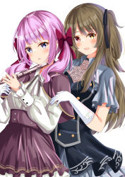 Rule 34 | 2girls, assault lily, behind another, black dress, black ribbon, blue eyes, blunt bangs, blush, bow, brown capelet, brown hair, brown skirt, buttons, capelet, collared shirt, commentary request, cowboy shot, dress, elbow gloves, flute, frilled skirt, frilled sleeves, frills, gloves, grey ribbon, hair bow, hair ribbon, hand on another&#039;s arm, hands up, heterochromia, high-waist skirt, highres, holding, holding instrument, instrument, kuo shenlin, layered dress, long hair, long sleeves, looking at viewer, mihana, multiple girls, neck ribbon, official alternate costume, one side up, parted lips, pink hair, red bow, red eyes, ribbon, sadamori himeka, shirt, short sleeves, sidelocks, simple background, skirt, smile, standing, twintails, white background, white gloves, white shirt, yellow eyes