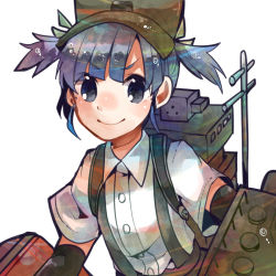 Rule 34 | 10s, 1girl, arm warmers, bad id, bad nicoseiga id, blue eyes, blue hair, cannon, chimney, hat, itomugi-kun, kantai collection, matching hair/eyes, ooshio (kancolle), school uniform, short twintails, skirt, solo, suspenders, torpedo, turret, twintails