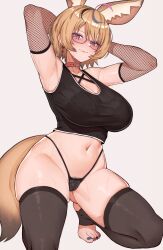Rule 34 | 1girl, absurdres, ahoge, animal ear fluff, animal ears, armpits, arms behind head, black panties, black shirt, black thighhighs, blonde hair, bra visible through clothes, breasts, cleavage, closed mouth, collar, crop top, earrings, extra ears, facial mark, feet, fishnet sleeves, fishnets, fox ears, fox tail, glasses, highres, hololive, jewelry, large breasts, looking at viewer, midriff, multicolored hair, nail polish, navel, no shoes, omaru polka, panties, purple eyes, red collar, shirt, short hair, simple background, smile, solo, squatting, stirrup legwear, streaked hair, tail, thighhighs, toeless legwear, toenail polish, toenails, toes, underwear, varniskarnis, virtual youtuber