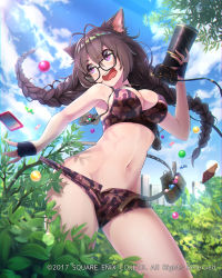 Rule 34 | 1girl, animal ears, bikini, bikini top only, blue sky, braid, breasts, brown hair, building, bush, camera, camouflage, camouflage bikini, candy, cat ears, chocolate, city, cleavage, cloud, day, food, highres, large breasts, long hair, mappaninatta, navel, official art, open mouth, outdoors, purple eyes, short shorts, shorts, sky, skyscraper, solo, standing, swimsuit, twin braids, venus rumble, wardrobe malfunction, watermark, wavy mouth