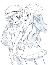 Rule 34 | 2girls, :d, beanie, blush, braid, braided ponytail, chitozen (pri zen), chloe (pokemon), collarbone, commentary request, creatures (company), dawn (pokemon), eyelashes, game freak, greyscale, hair ornament, hairclip, hat, highres, long hair, looking at viewer, looking back, monochrome, multiple girls, nintendo, official alternate costume, open mouth, own hands together, pokemon, pokemon (anime), pokemon swsh074, pokemon journeys, scarf, shirt, short sleeves, sleeveless, smile, t-shirt, teeth, tongue, twitter username, upper teeth only, watermark, white headwear