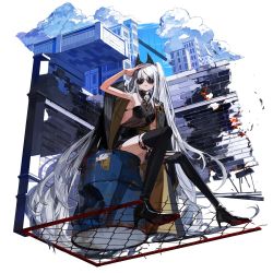 Rule 34 | 1girl, alchemy stars, black bra, black coat, black footwear, black skirt, boots, bra, breasts, brick wall, brooch, building, cloud, coat, coat on shoulders, drum (container), full body, grey hair, hairband, hand on own head, high heels, highres, jewelry, long hair, looking at viewer, miniskirt, mo (mocopo), official art, outdoors, parted lips, scar, scar across eye, see-through, see-through shirt, shirt, simple background, sitting, skirt, skull, sleeveless, sleeveless shirt, small breasts, smokey (alchemy stars), solo, sunglasses, thigh boots, torn clothes, twintails, underwear, very long hair, white background