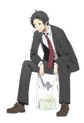 Rule 34 | 1boy, adachi tooru, ahoge, bag, black eyes, black hair, black jacket, black pants, brown footwear, cabbage, closed mouth, collared shirt, commentary request, formal, full body, highres, holding, holding bag, jacket, long sleeves, looking to the side, male focus, necktie, pants, persona, persona 4, plastic bag, red necktie, shirt, shoes, short hair, simple background, sitting, solo, suit, white background, white shirt, yoshino saku