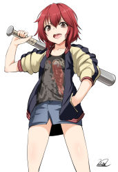 Rule 34 | 10s, 1girl, bat (animal), hand in pocket, idolmaster, idolmaster cinderella girls, jacket, koi, letterman jacket, looking at viewer, murakami tomoe, murasame nohito, open clothes, open jacket, open mouth, red hair, short hair, signature, solo, white background