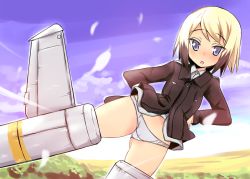 Rule 34 | 1girl, :o, bad id, bad pixiv id, blonde hair, blue eyes, bob cut, brown hair, cloud, erica hartmann, flying, hands on own hips, long sleeves, looking at viewer, military, military uniform, multicolored hair, open mouth, panties, short hair, sky, solo, strike witches, striker unit, two-tone hair, underwear, uniform, white panties, world witches series, yuib3 (yuibitch)