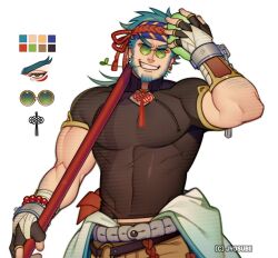 Rule 34 | 1boy, 700hash, arm hair, bara, bead bracelet, beads, beard, black shirt, blue hair, bracelet, carrying over shoulder, closed eyes, clothes around waist, color guide, cowboy shot, disembodied eye, earrings, facial hair, fingerless gloves, gloves, green-tinted eyewear, hachimaki, headband, highres, holding, holding pole, jewelry, long sideburns, male focus, mouth hold, muscular, muscular male, necklace, original, pectorals, pole, red headwear, round eyewear, shirt, short hair, sideburns, simple background, smile, solo, stalk in mouth, stud earrings, tassel, teeth, thick eyebrows, tight clothes, tight shirt, tinted eyewear, two-tone bandana, white background, yellow-framed eyewear