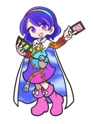 Rule 34 | 1girl, :d, ability card (touhou), belt, blue cape, blue hair, boots, brown belt, cape, card, cloud print, dress, full body, happy, holding, holding card, long sleeves, multicolored clothes, multicolored dress, open mouth, pink footwear, pouch, puffy sleeves, purple eyes, shinmon akika, short hair, simple background, smile, solo, tenkyuu chimata, touhou, two-sided fabric, two-tone cape, white background, white cape, zipper pull tab