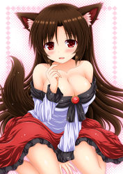 Rule 34 | 1girl, animal ears, bare shoulders, between legs, blush, breasts, brooch, brown hair, cleavage, collarbone, fang, hand between legs, imaizumi kagerou, jewelry, large breasts, long hair, looking at viewer, nagana sayui, off shoulder, red eyes, red skirt, shirt, sitting, skirt, smile, solo, tail, touhou, wariza, white shirt, wolf ears, wolf tail