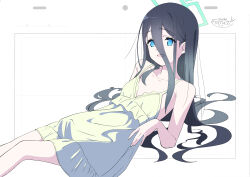 Rule 34 | 1girl, absurdres, aris (blue archive), bare shoulders, black hair, blue archive, blue eyes, dress, flat chest, hair between eyes, halo, highres, long hair, open mouth, papiyon1297, ringed eyes, smile, solo, white dress