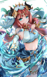 Rule 34 | 1girl, aqua eyes, blush, breasts, brooch, circlet, closed mouth, cowboy shot, crop top, detached sleeves, genshin impact, gold trim, harem outfit, jewelry, long sleeves, looking at viewer, medium breasts, nagominagon, neck ring, nilou (genshin impact), parted bangs, puffy long sleeves, puffy sleeves, red hair, skirt, smile, solo, thighlet, thighs, vambraces, veil, vision (genshin impact), water, white headwear