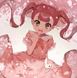 Rule 34 | 1girl, cherry blossoms, clothes lift, dress, dress lift, flower, frilled dress, frills, green eyes, happy, lolita fashion, long hair, original, pedopetton, petals, pink dress, pink theme, red hair, short sleeves, smile, solo, spring (season), twintails