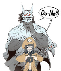 Rule 34 | 1boy, 1girl, commentary request, dark-skinned male, dark skin, closed eyes, fake horns, fingerless gloves, flat color, gloves, guilty gear, guilty gear strive, dreadlocks, haori, hat, height difference, helmet, highres, hood, hood down, hoodie, horned helmet, horns, japanese clothes, korean commentary, may (guilty gear), medium hair, muscular, muscular male, nagoriyuki, ootachi, own hands clasped, own hands together, palms together, single sleeve, skull and crossbones, ssambatea, thank you, very dark skin