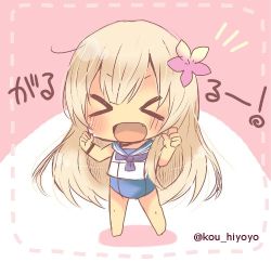 Rule 34 | &gt; &lt;, 1girl, black neckerchief, blonde hair, blue one-piece swimsuit, blue sailor collar, chibi, crop top, fang, flower, full body, hair flower, hair ornament, kantai collection, kou hiyoyo, lowres, neckerchief, one-piece swimsuit, one-piece tan, ro-500 (kancolle), sailor collar, school swimsuit, solo, standing, swimsuit, swimsuit under clothes, tan, tanline, twitter username
