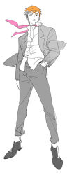 Rule 34 | 1boy, cherrypepsi1048, collared shirt, formal, full body, grey jacket, grey pants, hand in pocket, highres, jacket, long sleeves, looking at viewer, male focus, mob psycho 100, necktie, open mouth, orange hair, pants, partially unbuttoned, pink necktie, reigen arataka, shirt, shoes, short hair, simple background, solo, standing, suit, white background, white shirt