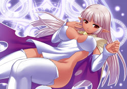 Rule 34 | 1girl, aq interactive, arcana heart, arcana heart 2, atlus, breasts, cape, cleavage, covered erect nipples, dark-skinned female, dark skin, elf, energy, examu, glowing, hip focus, large breasts, light purple hair, long hair, magic circle, misao (kami no misoshiru), no panties, parace l&#039;sia, pointy ears, red eyes, revealing clothes, solo, thighhighs, torn cape, torn clothes, white thighhighs