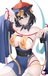 Rule 34 | 1girl, absurdres, azur lane, bad id, bad pixiv id, baige0, bare shoulders, black hair, blue nails, blue sleeves, blush, breasts, chinese commentary, cleavage, collarbone, commentary request, covered navel, detached collar, detached sleeves, hat, highres, hwah jah (azur lane), hwah jah (the festive undead) (azur lane), jiangshi, jiangshi costume, large breasts, long sleeves, looking at viewer, nail polish, official alternate costume, parted lips, short hair, signature, simple background, solo, thighhighs, thighs, white background, white thighhighs, wide sleeves