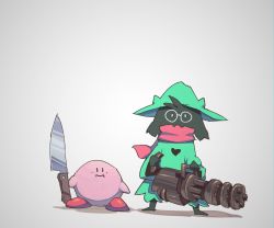 Rule 34 | 1boy, closed mouth, crossover, deltarune, gatling gun, glasses, gradient background, grey background, hat, highres, kirby, kirby (series), knife, looking at viewer, meme, nintendo, ralsei, red miso, robe, round eyewear, scarf, smile, trait connection