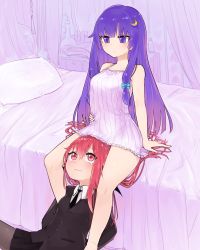 Rule 34 | 13o, 2girls, bat wings, between legs, between thighs, blue ribbon, blush, bow, breasts, crescent, crescent hair ornament, dress, frilled dress, frills, hair ornament, hat, head wings, highres, koakuma, lingerie, long hair, mob cap, multiple girls, negligee, patchouli knowledge, purple eyes, purple hair, red eyes, red hair, red ribbon, ribbon, striped clothes, striped dress, touhou, underwear, very long hair, wings