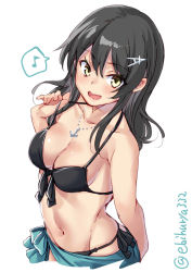 Rule 34 | 1girl, alternate costume, anchor necklace, bare shoulders, bikini, black hair, blush, breasts, collarbone, ebifurya, front-tie top, hair between eyes, hair ornament, hairclip, highres, jewelry, kantai collection, long hair, looking at viewer, medium breasts, musical note, navel, necklace, open mouth, oyashio (kancolle), sarong, side-tie bikini bottom, simple background, smile, solo, speech bubble, standing, strap pull, swimsuit, twitter username, white background, yellow eyes
