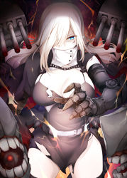 Rule 34 | 1girl, abyssal ship, belt, blood, blood on face, blue eyes, breasts, cape, chain, claws, colored skin, european water princess, gauntlets, hair over one eye, injury, kantai collection, large breasts, long hair, machinery, mechanical arms, rui shi (rayze ray), scar, scar on face, shaded face, single mechanical arm, solo, teeth, torn clothes, turret, white hair, white skin
