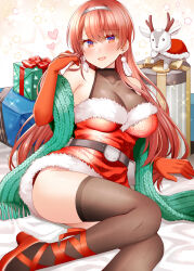 Rule 34 | 1girl, ass, belt, black belt, black thighhighs, breasts, christmas, dress, earrings, elbow gloves, feather earrings, feathers, fur-trimmed dress, fur trim, gift, gloves, goat, hairband, heart, high heels, jewelry, kantai collection, large breasts, long hair, looking at viewer, nevada (kancolle), open mouth, red eyes, red footwear, red gloves, red hair, rui shi (rayze ray), santa dress, short dress, sleeveless, sleeveless dress, solo, thighhighs, very long hair