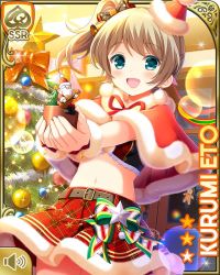 Rule 34 | 1girl, :d, black bow, blonde hair, blue eyes, bow, card (medium), character name, christmas, christmas ornaments, christmas tree, eto kurumi, girlfriend (kari), green bow, hair bow, halterneck, halterneck, holding, holding toy, indoors, midriff, navel, night, official art, open mouth, ponytail, qp:flapper, red bow, red shirt, red skirt, santa costume, shirt, skirt, smile, solo, standing, tagme, toy