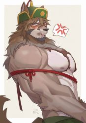Rule 34 | 1boy, abs, anger vein, animal ears, bara, beige fur, blush, brown hair, cheek bulge, chocolate, chocolate on body, chocolate on face, chocolate on pectorals, facial hair, fang, feeding, food, food on face, from side, furry, furry male, goatee, hachi duchi, hair between eyes, highres, large pectorals, long sideburns, male focus, mature male, muscular, muscular male, navel hair, nipples, pectorals, red ribbon, ribbon, short hair, sideburns, solo, stomach, temujin (housamo), tokyo houkago summoners, topless male, tusks, upper body, valentine, wolf boy, wolf ears