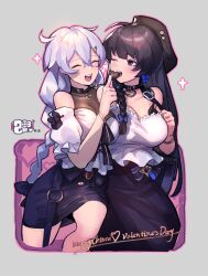 Rule 34 | 2023, 2girls, arm garter, belt, beret, black bag, black bow, black hair, black headwear, black skirt, blue bow, blue eyes, bow, bracelet, braid, breasts, brown belt, camisole, candy, chocolate, chocolate heart, cleavage, closed eyes, covered collarbone, food, grey hair, hair ornament, hairclip, happy valentine, hat, heart, highres, honkai (series), honkai impact 3rd, jewelry, kiana kaslana, large breasts, long hair, long skirt, multiple girls, o-ring, one eye closed, open mouth, raiden mei, skirt, sparkle, white camisole, wu-qiao, yuri