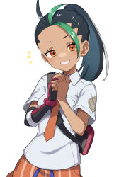 Rule 34 | 1girl, absurdres, backpack, bag, black hair, blush, breast pocket, collared shirt, commentary request, creatures (company), dark-skinned female, dark skin, eyelashes, freckles, game freak, gazacy (dai), gloves, green hair, grin, hands up, head tilt, highres, looking at viewer, multicolored hair, necktie, nemona (pokemon), nintendo, notice lines, orange eyes, orange necktie, orange shorts, own hands together, pocket, pokemon, pokemon sv, ponytail, shirt, short sleeves, shorts, simple background, single glove, smile, solo, teeth, two-tone hair, white background, white shirt