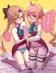 Rule 34 | 2girls, absurdres, ahoge, assisted exposure, blazer, blouse, blush, bow, bow panties, bowtie, brown hair, cellphone, clothes lift, commentary request, double bun, dress, glasses, grey legwear, groin, hair bun, halterneck, highres, jacket, kantai collection, kneeling, lifting another&#039;s clothes, long hair, long sleeves, looking at viewer, makigumo (kancolle), multiple girls, navel, nose blush, open mouth, panties, panties under pantyhose, pantyhose, phone, pink hair, polka dot, polka dot panties, ponytail, ribbon, school uniform, shirt, skirt, skirt lift, sleeves past fingers, sleeves past wrists, smartphone, speech bubble, sweatdrop, thighhighs, translation request, twintails, unagiman, underwear, white shirt, yellow eyes