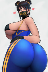 Rule 34 | 1girl, absurdres, ass, bare shoulders, black eyes, black hair, bodysuit, bra, breasts, capcom, chun-li, double bun, from behind, from below, hair bun, highres, huge ass, large breasts, looking at viewer, mask, postblue98, shiny clothes, shiny skin, sideboob, skin tight, solo, street fighter, street fighter zero (series), underwear