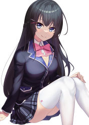Rule 34 | 1girl, absurdres, black hair, black jacket, black skirt, blue eyes, bow, bowtie, braid, breasts, closed mouth, collared shirt, commentary, cowboy shot, dress shirt, french braid, hair ornament, hairclip, hand on own knee, highres, jacket, knees together feet apart, long hair, long sleeves, looking at viewer, medium breasts, miniskirt, nijisanji, pink bow, pink bowtie, plaid, plaid skirt, pleated skirt, school uniform, shirt, simple background, sion owatas, sitting, skirt, smile, solo, straight hair, sweater, thighhighs, thighs, tsukino mito, tsukino mito (1st costume), uniform, virtual youtuber, white background, white shirt, white thighhighs, wing collar, yellow sweater